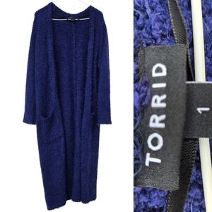 Torrid  Fuzzy Yarn Open Front Cardigan Blue Size 1 Eyelash Knit Long Duster